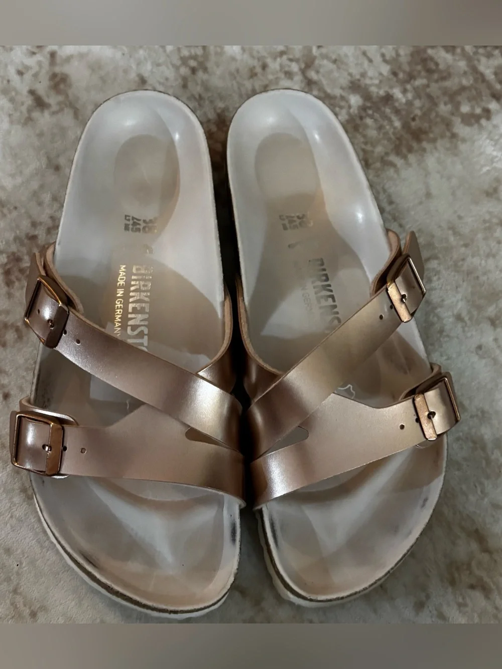 Birkenstock Yao Rose Gold Metallic Slide Sandals Size 38 US 7/7.5